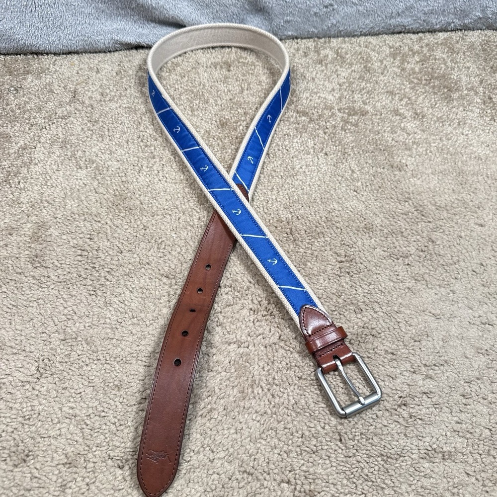 Polo Ralph Lauren Nautical Needlepoint Belt Mens 40 Blue Anchor Leather Preppy